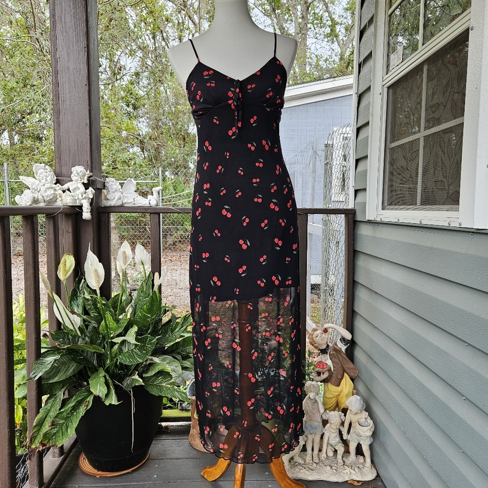 No Comment Black Cherry Print Midi Dress L Sheer Overlay Babydoll Fairy Coquette